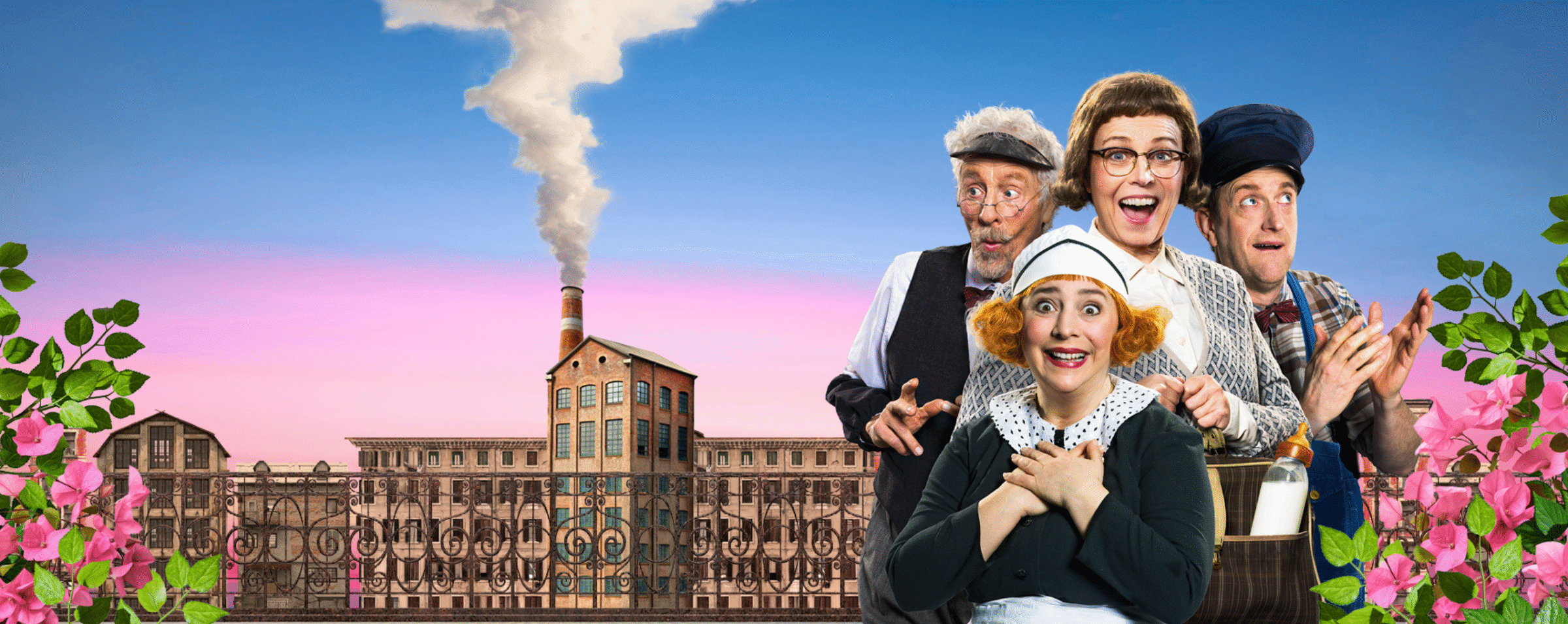 Manérbild för Kalabalik i fabriken med fyra skådespelare samlade i en kreativ och livfull komposition som reflekterar showens tema.